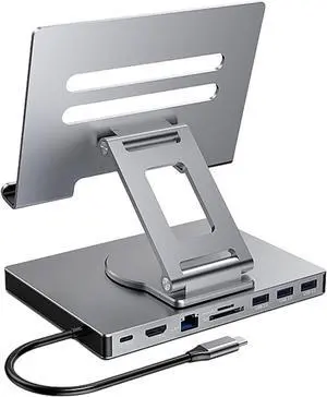 Rotating Type C Docking Station With Foldable Stand PD100W Charging Gigabit Ethernet 3.5mm For Laptops Tablets USB C Adapter With Stand Rotating Type C Docking Station With Foldable Stand PD100W Charging Gigabit Ethernet 3.5mm For Laptops Tablets USB C Adapter With Stand