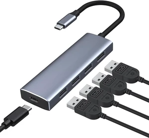 USB C Hub, 5-in-1 USBC to Power delivery, 1 x Powered USB-C & 4xUSB-A Data Ports for MacBook Pro, MacBook Air, Dell and More USB C Hub, 5-in-1 USBC to Power delivery, 1 x Powered USB-C & 4xUSB-A Data Ports for MacBook Pro, MacBook Air, Dell and More