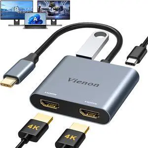 VIENON USB C to Dual HDMI Adapter 4K@60HZ, USB C Hub HDMI Adapter for Dual Monitors with USB-A 3.0, 100W PD Compatible for MacBook Air/Pro, More Thunderbolt 3/4 Laptop VIENON USB C to Dual HDMI Adapter 4K@60HZ, USB C Hub HDMI Adapter for Dual Monitors with USB-A 3.0, 100W PD Compatible for MacBook Air/Pro, More Thunderbolt 3/4 Laptop