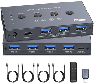 10Gbps USB 3.2 Switch 4 Computers Share 4 USB Peripherals 4 Port USB Switcher for Mouse Keyboard Printer with Remote and Cables 10Gbps USB 3.2 Switch 4 Computers Share 4 USB Peripherals 4 Port USB Switcher for Mouse Keyboard Printer with Remote and Cables