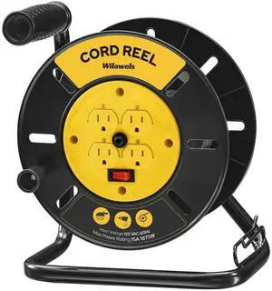 Extension Cord Storage Reel with 4-Grounded Outlets, 15A Circuit Breaker, Heavy Duty Open Cord Reel for 12/3,14/3,16/3 Gauge Power Cord, Hand Wind Retractable, ETL Listed, Yellow Y95CR06 Extension Cord Storage Reel with 4-Grounded Outlets, 15A Circuit Breaker, Heavy Duty Open Cord Reel for 12/3,14/3,16/3 Gauge Power Cord, Hand Wind Retractable, ETL Listed, Yellow Y95CR06