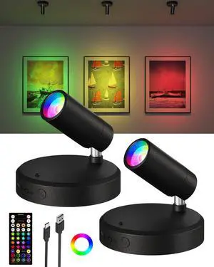 RGB Spotlights Indoor with Remote, 5500mAh Rechargeable Picture Lights, DIY Mode & 83 Color Changing Uplighting, Wireless Mini Accent Lighting for Plant Painting, Artwork (2Pack-Black) RGB Spotlights Indoor with Remote, 5500mAh Rechargeable Picture Lights, DIY Mode & 83 Color Changing Uplighting, Wireless Mini Accent Lighting for Plant Painting, Artwork (2Pack-Black)