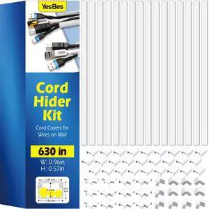 630in Cord Hider Kit, Paintable Cable Raceway, Cord Covers for Wires on Wall, Cord Hider for Wall Mount tv, tv Cable Hider Wall kit, Wire Covers for Cords, 40X L15.7in X W0.96in X H0.57in, White 630in Cord Hider Kit, Paintable Cable Raceway, Cord Covers for Wires on Wall, Cord Hider for Wall Mount tv, tv Cable Hider Wall kit, Wire Covers for Cords, 40X L15.7in X W0.96in X H0.57in, White