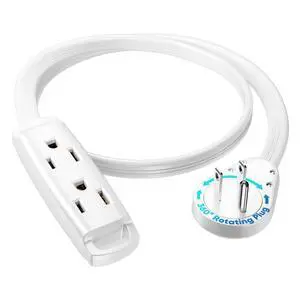 3-Outlet 360° Rotating Flat Plug Extension Cord, 1ft, White, 14AWG Heavy Duty Flat Wire with Hanging Loop, 2-Sided Multi-Outlet Power Strip, UL Certified 3-Outlet 360° Rotating Flat Plug Extension Cord, 1ft, White, 14AWG Heavy Duty Flat Wire with Hanging Loop, 2-Sided Multi-Outlet Power Strip, UL Certified