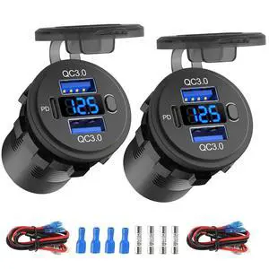 2 Pack 12 Volt USB Outlet Dual Quick Charge 3.0 Port and PD3.0 USB C Car Battery Chargers Socket, Waterproof 12V Power Outlet Cigarette Lighter Replacement DIY Kit with Voltmeter and Switch 2 Pack 12 Volt USB Outlet Dual Quick Charge 3.0 Port and PD3.0 USB C Car Battery Chargers Socket, Waterproof 12V Power Outlet Cigarette Lighter Replacement DIY Kit with Voltmeter and Switch