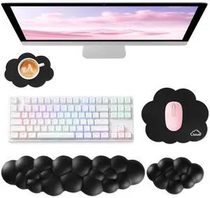 Cloud Wrist Rest for Computer Keyboard, 4-in-1 Memory Foam Leather Cloud Keyboard Wrist Rest and Mouse Pad Set with Ergonomic Support for Arm and Palm Cushion, Gaming/Work Setup, Black Cloud Wrist Rest for Computer Keyboard, 4-in-1 Memory Foam Leather Cloud Keyboard Wrist Rest and Mouse Pad Set with Ergonomic Support for Arm and Palm Cushion, Gaming/Work Setup, Black