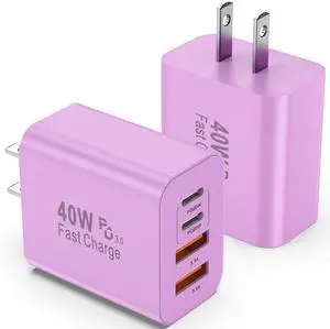 USB C Charger Block, 2 Pack 40W 4-Port iPhone Charger Fast Charging Multiport PD 3.0 & QC 4.0 Double Quick Charge, Compatible with iPhone 17/16/15/14/13/12/11Pro MaxiPad, Samsung (2, Purple) USB C Charger Block, 2 Pack 40W 4-Port iPhone Charger Fast Charging Multiport PD 3.0 & QC 4.0 Double Quick Charge, Compatible with iPhone 17/16/15/14/13/12/11Pro MaxiPad, Samsung (2, Purple)