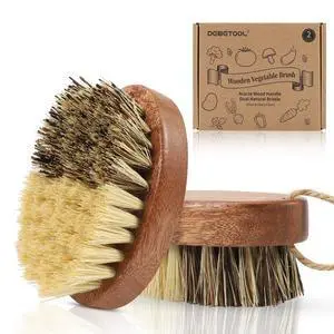2 Pack Wooden Vegetable Brush for Food - Dual Bristle Potato Brush Scrubber with Hanging Rope | Natural Compostable Kitchen Vegetable Scrubber for Potatoes, Carrots, Fruits 2 Pack Wooden Vegetable Brush for Food - Dual Bristle Potato Brush Scrubber with Hanging Rope | Natural Compostable Kitchen Vegetable Scrubber for Potatoes, Carrots, Fruits