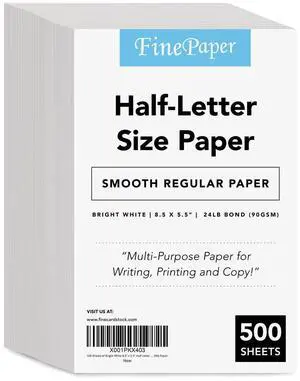 500 Sheets of Bright White 8.5" x 5.5" Half letter Size, Regular 24lb. Paper 500 Sheets of Bright White 8.5" x 5.5" Half letter Size, Regular 24lb. Paper