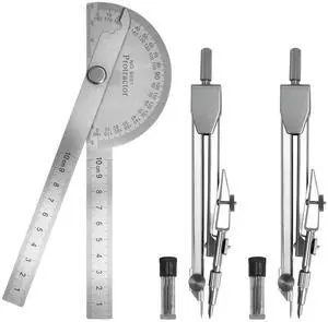Protractor and Compass Set - 10cm (3.94 Inch) Stainless Steel Angle Finder with 2 Metal Compasses, 180° Adjustable Two Arm Ruler for Geometry, Woodworking, Engineering & School Supplies Protractor and Compass Set - 10cm (3.94 Inch) Stainless Steel Angle Finder with 2 Metal Compasses, 180° Adjustable Two Arm Ruler for Geometry, Woodworking, Engineering & School Supplies