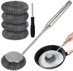 6Pcs Steel Wool Scrubber with Long Handle - Stainless Steel Scrub Brush Set for Scouring Stubborn Messes from Cast Iron, Pots & Pans, BBQ Grill, Sink (1 Scrubber + 4 Pads + 1 Screwdriver) 6Pcs Steel Wool Scrubber with Long Handle - Stainless Steel Scrub Brush Set for Scouring Stubborn Messes from Cast Iron, Pots & Pans, BBQ Grill, Sink (1 Scrubber + 4 Pads + 1 Screwdriver)