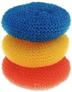 Plastic Mesh Scouring Pads - 3 Pack, 3.375" x 1.25", Non-Scratch Scrubbers to Clean Dishes, Assorted Colors - 1 Red, 1 Blue & 1 Yellow Plastic Mesh Scouring Pads - 3 Pack, 3.375" x 1.25", Non-Scratch Scrubbers to Clean Dishes, Assorted Colors - 1 Red, 1 Blue & 1 Yellow