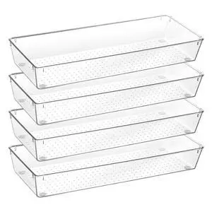 4 Pack Clear Kitchen Drawer Organizer, 15x6 Inch Utensil Tray | Silverware Organizer Trays for Flatware, Cutlery and Kitchen Utensils, Large Clear Bins Create a Neat and Organized Drawer 4 Pack Clear Kitchen Drawer Organizer, 15x6 Inch Utensil Tray | Silverware Organizer Trays for Flatware, Cutlery and Kitchen Utensils, Large Clear Bins Create a Neat and Organized Drawer