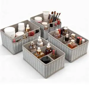Cosmetic Storage Bins Makeup Organizer, Adjustable Multifunction Storage Box Desk Drawer Divider for Makeup Brushes, Bathroom Countertop or Dresser, Set of 4 (Grey) Cosmetic Storage Bins Makeup Organizer, Adjustable Multifunction Storage Box Desk Drawer Divider for Makeup Brushes, Bathroom Countertop or Dresser, Set of 4 (Grey)