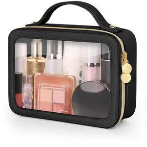 Clear Makeup Bag, Portable Travel Cosmetic Bags, Multipurpose Leather Toiletry Bag with Zipper, Waterproof Transparent Cosmetic Organizer for Women, Medium, Black Clear Makeup Bag, Portable Travel Cosmetic Bags, Multipurpose Leather Toiletry Bag with Zipper, Waterproof Transparent Cosmetic Organizer for Women, Medium, Black