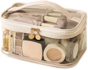 Clear Travel Makeup Bag with DividerWomen Toiletry Bag White | PU leather, waterproof & easy-clean lining, built-in brush holder & divider, sturdy handle, travel essential, toiltries Clear Travel Makeup Bag with DividerWomen Toiletry Bag White | PU leather, waterproof & easy-clean lining, built-in brush holder & divider, sturdy handle, travel essential, toiltries