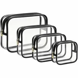 4Pcs Travel Clear Makeup Bag Set, Portable TSA Approved Toiletry Bags with Zipper Waterproof PVC Cosmetic Case for Daily Accessory Small Makeup Pouch Compact Car Storage Organizer Bags (Black Set) 4Pcs Travel Clear Makeup Bag Set, Portable TSA Approved Toiletry Bags with Zipper Waterproof PVC Cosmetic Case for Daily Accessory Small Makeup Pouch Compact Car Storage Organizer Bags (Black Set)