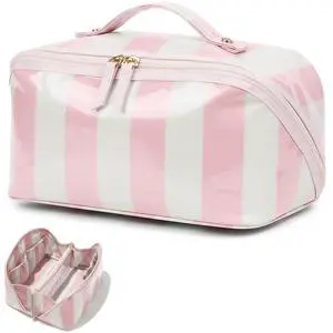 Stripe Clear Travel Makeup Bag, Waterproof Glossy PVC Cosmetic Organizer with Handle, Large Capacity Toiletry Bag for ,Travel Organizer Zipper Pouch Beach Vacation Essentials (Pink White) Stripe Clear Travel Makeup Bag, Waterproof Glossy PVC Cosmetic Organizer with Handle, Large Capacity Toiletry Bag for ,Travel Organizer Zipper Pouch Beach Vacation Essentials (Pink White)