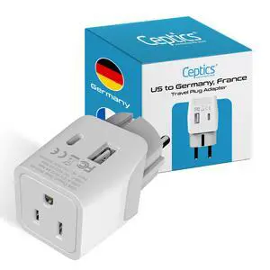 Schuko, Germany, France, Spain Travel Adapter Plug with USB-A+USB-C- Usa Input Type E/F - Ultra Compact Perfect for Cell Phones, Laptop, Camera Chargers, iWatch, iPad, iPhone and More (CTU-9) Schuko, Germany, France, Spain Travel Adapter Plug with USB-A+USB-C- Usa Input Type E/F - Ultra Compact Perfect for Cell Phones, Laptop, Camera Chargers, iWatch, iPad, iPhone and More (CTU-9)