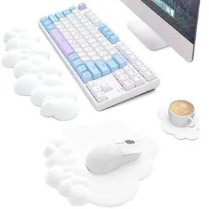 Cloud Mouse Pad Wrist Support Keyboard Wrist Rest Set with Ergonomic Memory Foam,Non-Slip Base,Cloud Coasters for Home,Office,Laptop,Desktop Computer,Easy Typing Pain Relief- White Cloud Mouse Pad Wrist Support Keyboard Wrist Rest Set with Ergonomic Memory Foam,Non-Slip Base,Cloud Coasters for Home,Office,Laptop,Desktop Computer,Easy Typing Pain Relief- White