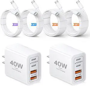 2-Pack 40W USB C Charger Cube, 4-Port PD+QC Fast Charging Block with 3/6/10/10FT USB C Cables, Multiport Type C Power Adapter for iPhone 17/16/15/14/13 Pro Max, Samsung S26/S25/S24 Ultra,Tablets 2-Pack 40W USB C Charger Cube, 4-Port PD+QC Fast Charging Block with 3/6/10/10FT USB C Cables, Multiport Type C Power Adapter for iPhone 17/16/15/14/13 Pro Max, Samsung S26/S25/S24 Ultra,Tablets