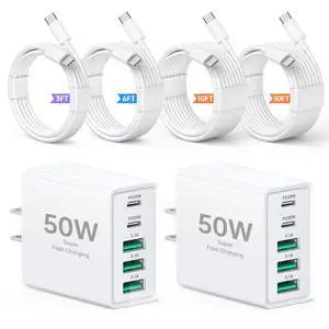 2-Pack 50W USB C Wall Charger, 5-Port PD Fast Charging Block with 3/6/10/10FT USB C Cables, Multiport Type C Power Adapter for iPhone 17/16/15/14/13 Pro Max, iPad, Switch, Samsung Galaxy S26/S25 Ultra 2-Pack 50W USB C Wall Charger, 5-Port PD Fast Charging Block with 3/6/10/10FT USB C Cables, Multiport Type C Power Adapter for iPhone 17/16/15/14/13 Pro Max, iPad, Switch, Samsung Galaxy S26/S25 Ultra