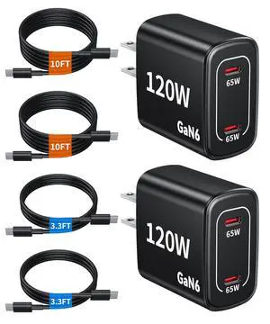 120W Fast Charger USB C - 2 Pack 65W PD Dual Port GaN Type C Charging Block | 3.3/3.3/10/10FT USB C Cable for MacBook Air Pro iPhone 17/16/15 Series Samsung Galaxy S25/S24/S23 Ultra Home Office Travel 120W Fast Charger USB C - 2 Pack 65W PD Dual Port GaN Type C Charging Block | 3.3/3.3/10/10FT USB C Cable for MacBook Air Pro iPhone 17/16/15 Series Samsung Galaxy S25/S24/S23 Ultra Home Office Travel