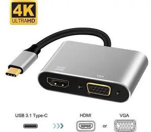 USB-C to 4K HDMI & VGA Dual Display Adapter, USB 3.1 Type-C to HDMI 4K UHD + VGA Converter, Mirror & Extend Dual Screen Dongle for Type-C Laptops USB-C to 4K HDMI & VGA Dual Display Adapter, USB 3.1 Type-C to HDMI 4K UHD + VGA Converter, Mirror & Extend Dual Screen Dongle for Type-C Laptops