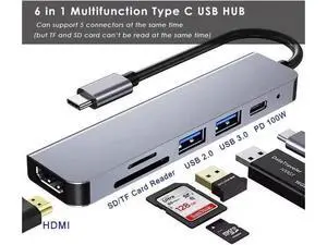 6-in-1 USB C Multiport Hub Adapter, 4K HDMI Output, 100W PD Charging, USB3.0, USB2.0, SD & TF Card Reader, Portable Type-C Splitter Compatible with MacBook Air/Pro M1/M2, Surface Go & All USB-C Laptop 6-in-1 USB C Multiport Hub Adapter, 4K HDMI Output, 100W PD Charging, USB3.0, USB2.0, SD & TF Card Reader, Portable Type-C Splitter Compatible with MacBook Air/Pro M1/M2, Surface Go & All USB-C Laptop