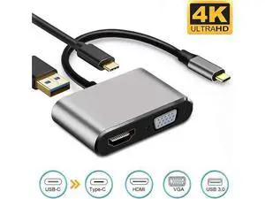 4-in-1 Gray USB C Multiport Hub Adapter, USB Type-C to 4K HDMI 1080P VGA USB3.0 PD Charging Dongle, Compatible with MacBook Pro, iPad Pro, PixelBook, Dell XPS Laptops 4-in-1 Gray USB C Multiport Hub Adapter, USB Type-C to 4K HDMI 1080P VGA USB3.0 PD Charging Dongle, Compatible with MacBook Pro, iPad Pro, PixelBook, Dell XPS Laptops