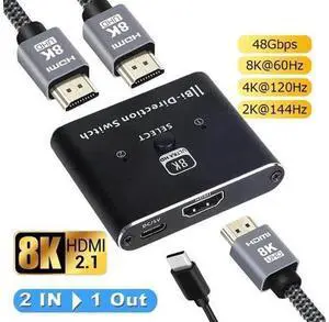 Bi-Directional HDMI 2.1 Switch 2 in 1 Out /1 in 2 Out, 8K@60Hz 4K@120Hz HDMI Splitter Switcher 48Gbps, Support VRR HDCP 2.3 HDR10 Dolby Vision, Compatible with PS4 PS5, Xbox, SkyQ, Roku, Apple TV, Fir Bi-Directional HDMI 2.1 Switch 2 in 1 Out /1 in 2 Out, 8K@60Hz 4K@120Hz HDMI Splitter Switcher 48Gbps, Support VRR HDCP 2.3 HDR10 Dolby Vision, Compatible with PS4 PS5, Xbox, SkyQ, Roku, Apple TV, Fir