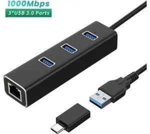 4-in-1 Aluminum USB 3.0 Hub with 3 USB 3.0 Ports + 1000Mbps Gigabit RJ45 Ethernet Adapter, Multi-Port USB Splitter Expander Dongle for Laptops & Desktops 4-in-1 Aluminum USB 3.0 Hub with 3 USB 3.0 Ports + 1000Mbps Gigabit RJ45 Ethernet Adapter, Multi-Port USB Splitter Expander Dongle for Laptops & Desktops