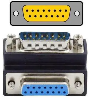 90 Degree Down Angled DB15 Male to Female Extension Coupler, 15Pin D-SUB RS232 Serial Port Right Angle Adapter 90 Degree Down Angled DB15 Male to Female Extension Coupler, 15Pin D-SUB RS232 Serial Port Right Angle Adapter
