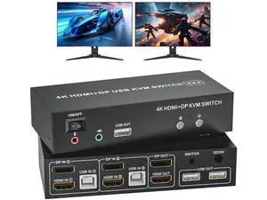 2x2 Hybrid DP 1.4+HDMI Dual Monitor KVM Switch 4K@60Hz, USB 2.0 KVM Switcher with Audio Mic Port for 2 PCs Share 2 Displays Keyboard Mouse Printer 2x2 Hybrid DP 1.4+HDMI Dual Monitor KVM Switch 4K@60Hz, USB 2.0 KVM Switcher with Audio Mic Port for 2 PCs Share 2 Displays Keyboard Mouse Printer