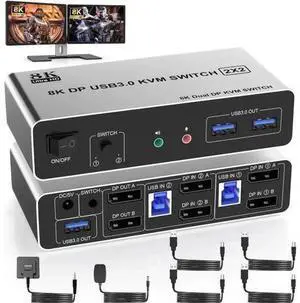 2 Port Dual Monitor DP KVM Switch 2 In 2 Out, 8K@60Hz USB3.0 KVM Switcher with Audio & Mic, 3 USB 3.0 Ports for 2 PCs Share 2 Displays Keyboard Mouse 2 Port Dual Monitor DP KVM Switch 2 In 2 Out, 8K@60Hz USB3.0 KVM Switcher with Audio & Mic, 3 USB 3.0 Ports for 2 PCs Share 2 Displays Keyboard Mouse