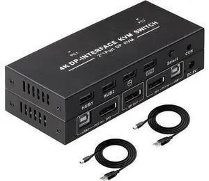 2-Port DP 1.2 KVM Switch 2 In 1 Out, 4K@60Hz, 4 USB2.0 Ports, Includes Two 1.5m/5ft KVM Cables for 2 PCs Sharing One Monitor, Keyboard & Mouse 2-Port DP 1.2 KVM Switch 2 In 1 Out, 4K@60Hz, 4 USB2.0 Ports, Includes Two 1.5m/5ft KVM Cables for 2 PCs Sharing One Monitor, Keyboard & Mouse
