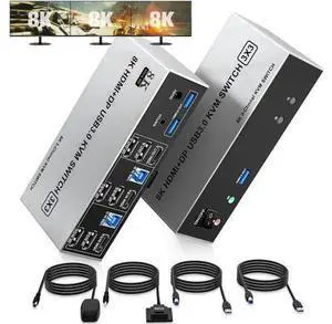 2 Port Triple Monitor 1HDMI+2DP KVM Switch, 8K@60Hz USB3.0 KVM Switcher with Audio & Mic, 3 USB 3.0 Ports for 2 PCs Share 3 Displays 2 Port Triple Monitor 1HDMI+2DP KVM Switch, 8K@60Hz USB3.0 KVM Switcher with Audio & Mic, 3 USB 3.0 Ports for 2 PCs Share 3 Displays