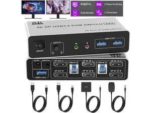 2 Port Dual Monitor DP 1.4 KVM Switch 8K@60Hz, 2 PCs Share 2 DP Screens, 3 USB 3.0 & Audio Mic Port, Support Extended & Duplicate Display 2 Port Dual Monitor DP 1.4 KVM Switch 8K@60Hz, 2 PCs Share 2 DP Screens, 3 USB 3.0 & Audio Mic Port, Support Extended & Duplicate Display