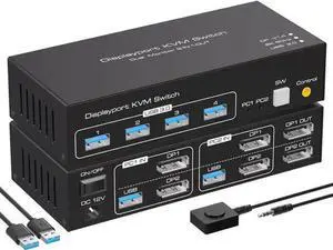 2-Port Dual Monitor DP USB3.0 KVM Switch, 8K/4K@120Hz, 4 USB Ports, With 12V/1A Adapter, Wired Remote & 2 USB3.0 Cables 2-Port Dual Monitor DP USB3.0 KVM Switch, 8K/4K@120Hz, 4 USB Ports, With 12V/1A Adapter, Wired Remote & 2 USB3.0 Cables