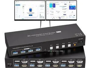 4 Port Hybrid HDMI+DP Dual Monitor KVM Switch, 8K@60Hz 4K@120Hz USB3.0 KVM Switcher with 4 USB3.0 Ports, Remote Control & Power Adapter for 4 PCs Share 2 Displays, Support Extend & Mirror Mode 4 Port Hybrid HDMI+DP Dual Monitor KVM Switch, 8K@60Hz 4K@120Hz USB3.0 KVM Switcher with 4 USB3.0 Ports, Remote Control & Power Adapter for 4 PCs Share 2 Displays, Support Extend & Mirror Mode