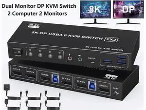 2 Port Dual Monitor DP USB3.0 KVM Switch 8K@60Hz/4K@144Hz, 3.5mm Audio Jack, 3 USB3.0 Ports & Wired Remote for 2 PCs 2 Port Dual Monitor DP USB3.0 KVM Switch 8K@60Hz/4K@144Hz, 3.5mm Audio Jack, 3 USB3.0 Ports & Wired Remote for 2 PCs