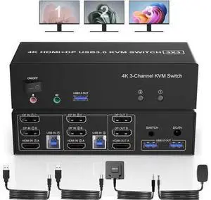 2 PCs Triple Monitor HDMI+2DP KVM Switch 4K@60Hz USB 3.0, Audio & Mic Jack, 3 USB 3.0 Ports for Sharing Keyboard Mouse & 3 Displays 2 PCs Triple Monitor HDMI+2DP KVM Switch 4K@60Hz USB 3.0, Audio & Mic Jack, 3 USB 3.0 Ports for Sharing Keyboard Mouse & 3 Displays