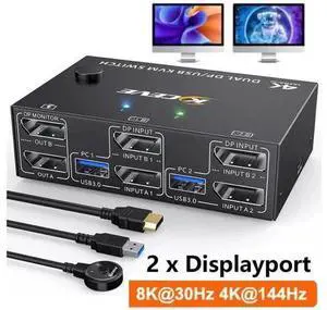 2 Port DP 1.4 Dual Monitor USB 3.0 KVM Switch, 8K@30Hz & 4K@144Hz, 4 USB3.0 Ports, Wired Remote & 4 Cables Included for 2 PCs Sharing 2 Monitors 2 Port DP 1.4 Dual Monitor USB 3.0 KVM Switch, 8K@30Hz & 4K@144Hz, 4 USB3.0 Ports, Wired Remote & 4 Cables Included for 2 PCs Sharing 2 Monitors