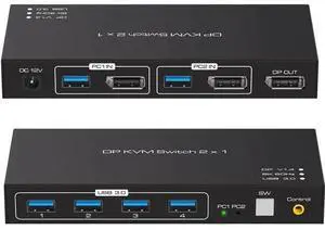 2 Port DP 1.4 KVM Switch 8K@60Hz, 4-Port USB 3.0 Hub, Wired Controller for 2 DP Devices Share One Set of Monitor & USB Peripherals 2 Port DP 1.4 KVM Switch 8K@60Hz, 4-Port USB 3.0 Hub, Wired Controller for 2 DP Devices Share One Set of Monitor & USB Peripherals