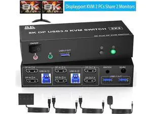 2 Port DP 1.4 Dual Monitor USB 3.0 KVM Switch 8K@60Hz, Audio & Microphone Ports, 3 USB3.0 Ports, Wired Remote & 2 USB Cables Included for 2 PCs 2 Port DP 1.4 Dual Monitor USB 3.0 KVM Switch 8K@60Hz, Audio & Microphone Ports, 3 USB3.0 Ports, Wired Remote & 2 USB Cables Included for 2 PCs