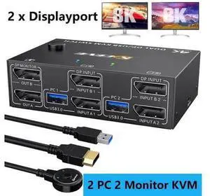2 Port 2×2 Dual Monitor DP USB3.0 KVM Switch, 8K@30Hz / 4K@144Hz, 4 USB3.0 Ports, Wired Remote & USB Cable Included 2 Port 2×2 Dual Monitor DP USB3.0 KVM Switch, 8K@30Hz / 4K@144Hz, 4 USB3.0 Ports, Wired Remote & USB Cable Included