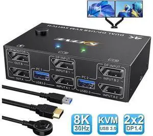 8K DP 1.4 Dual Monitor USB 3.0 KVM Switch 2×2, 8K@30Hz / 4K@144Hz, 4 USB3.0 Ports, Wired Remote & 4 Connection Cables Included for 2 PCs 8K DP 1.4 Dual Monitor USB 3.0 KVM Switch 2×2, 8K@30Hz / 4K@144Hz, 4 USB3.0 Ports, Wired Remote & 4 Connection Cables Included for 2 PCs