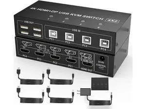 4 Port Dual Monitor HDMI+DP Hybrid KVM Switch, 4K@60Hz UHD, Built-in 4-Port USB 2.0 Hub for 4 PCs Share 2 Displays & Keyboard Mouse Peripherals 4 Port Dual Monitor HDMI+DP Hybrid KVM Switch, 4K@60Hz UHD, Built-in 4-Port USB 2.0 Hub for 4 PCs Share 2 Displays & Keyboard Mouse Peripherals