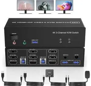 2PC Triple Monitor Hybrid HDMI+Dual DP USB3.0 KVM Switch 4K@60Hz, With Audio & Mic, 3 USB3.0 Ports for Sharing Keyboard & Mouse 2PC Triple Monitor Hybrid HDMI+Dual DP USB3.0 KVM Switch 4K@60Hz, With Audio & Mic, 3 USB3.0 Ports for Sharing Keyboard & Mouse