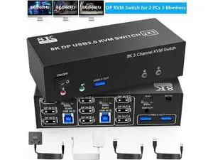 2 Port Triple Monitor DP KVM Switch DP1.4, 8K@60Hz 4K@144Hz USB3.0 KVM Switcher with 1-to-2 RJ45 Ethernet Splitter, Audio Mic & 3 USB 3.0 Ports for 2 PCs Share 3 Displays 2 Port Triple Monitor DP KVM Switch DP1.4, 8K@60Hz 4K@144Hz USB3.0 KVM Switcher with 1-to-2 RJ45 Ethernet Splitter, Audio Mic & 3 USB 3.0 Ports for 2 PCs Share 3 Displays